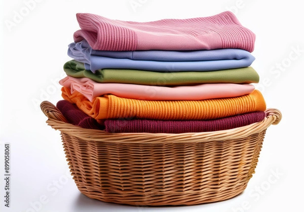 Obraz Wicker basket full of colorful clothes isolated. Wicker basket with a stack of colorful clothes on a white background. Clean, folded, stacked clothes in a wicker basket isolated