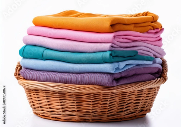 Fototapeta Wicker basket full of colorful clothes isolated. Wicker basket with a stack of colorful clothes on a white background. Clean, folded, stacked clothes in a wicker basket isolated