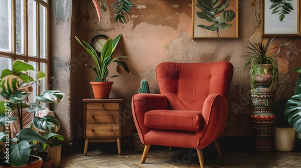 Fototapeta Cozy nook with a red armchair, warm earth-toned walls, a vintage side table, and eclectic decor for a bold statement