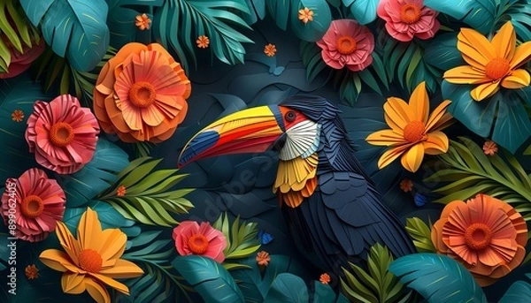 Fototapeta Origamistyle toucan in a lush jungle setting, surrounded by tropical flowers