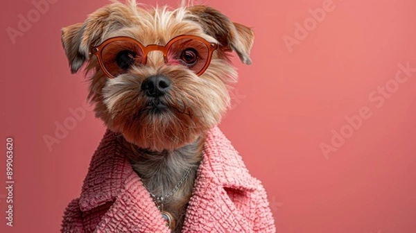 Fototapeta Yorkshire terrier dog wearing a pink coat and sunglasses while posing on a pink background