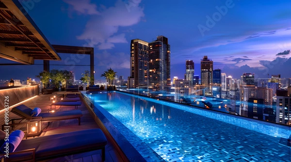 Fototapeta Expansive rooftop infinity pool with a bar area, modern lounge chairs, and panoramic views of a glittering city skyline at night