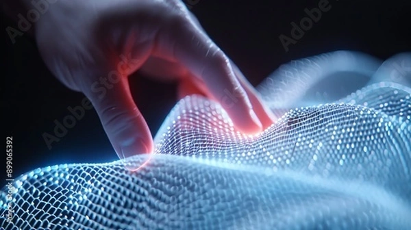 Fototapeta Futuristic smart fabric being woven, glowing threads and dynamic patterns, high-tech materials and innovative design