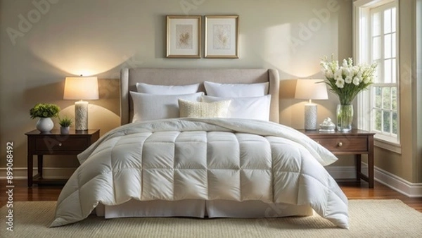 Fototapeta Serene and inviting, a plush white comforter drapes over a bed, adorned with a single white pillow, against a soft, creamy background for relaxation.