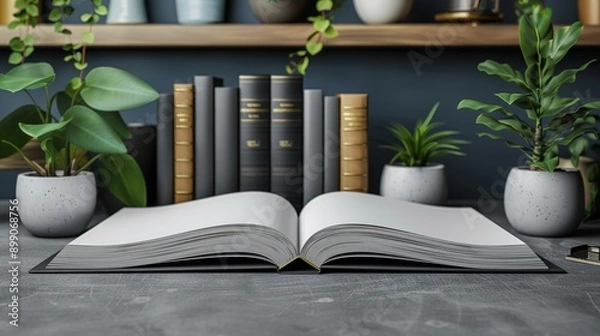 Fototapeta Open book with blank pages lying on a desk with plants and a bookshelf in the background