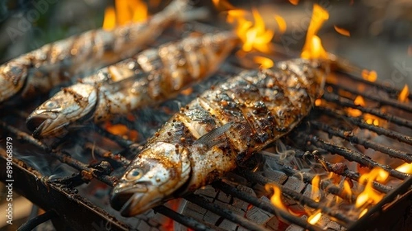 Obraz Three delicious fish grilling on a barbecue with flames during a festive summer evening