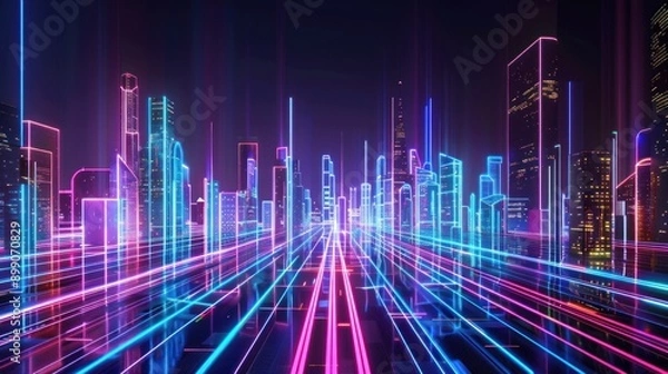 Obraz Neon Cityscape with Glowing Lines