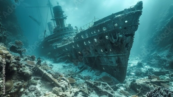 Fototapeta Old shipwreck rests on the seabed, merging with vibrant coral. Divers explore the sunken treasure, where nature and history collide in a scenic seascape