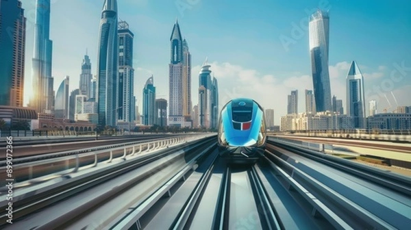 Obraz Futuristic Train Through Dubai Skyline