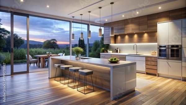 Fototapeta Modern Scandinavian kitchen at twilight features sleek appliances, central island with cascading countertop, and sliding glass doors to outdoor area.