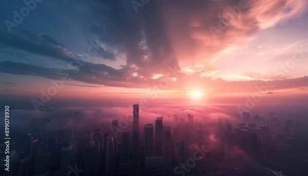 Fototapeta Sunrise over a foggy cityscape, with clouds and a vibrant sky.
