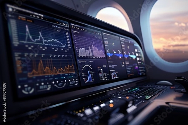 Fototapeta Close Up of a Modern Airplane Cockpit with Data Displays