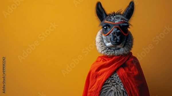 Fototapeta Llama wearing a superhero costume and goggles is posing on a yellow background