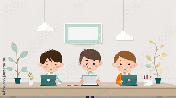 Fototapeta A group of five children sitting at a table with laptops