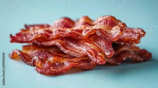 Obraz Delicious crispy bacon strips stacked on a blue background, ready for a tasty breakfast