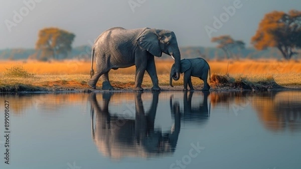 Fototapeta African elephant mother and her calf are walking side by side in still water with their reflections visible