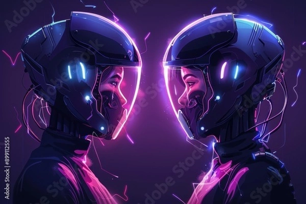 Fototapeta Futuristic robotic faces with neon accents symbolizing advanced AI cybernetic technology and sci fi aesthetics