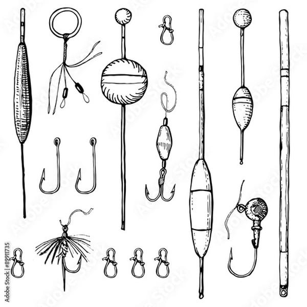 Fototapeta Vector hand drawn set of fising accessories