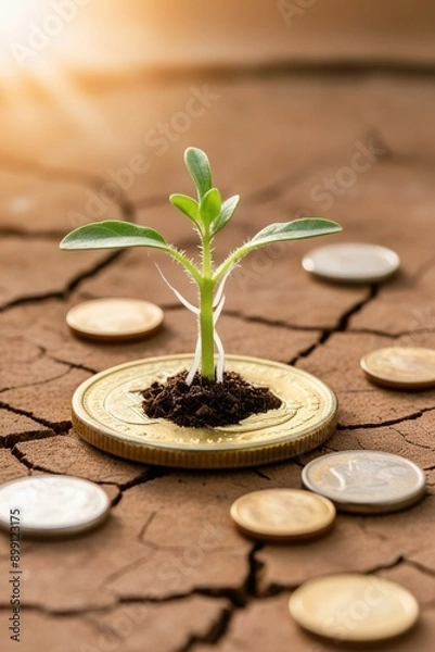 Obraz A seedling is growing on a coin lying on the ground.Green investment concept,Rising money to invest.financial growth concept