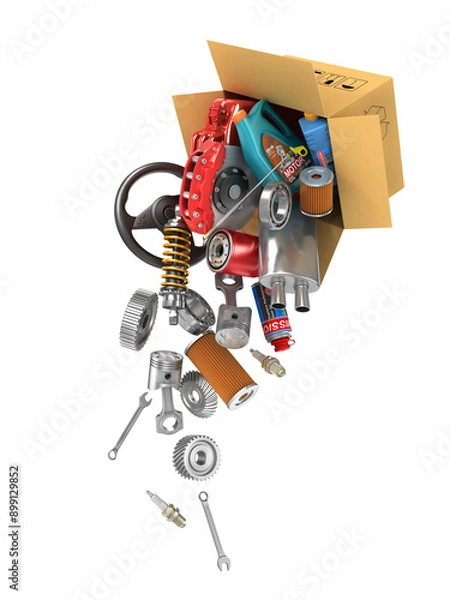 Obraz Auto parts in the cardboard boxes. Automotive basket shop. Auto parts store. Flying autoparts.