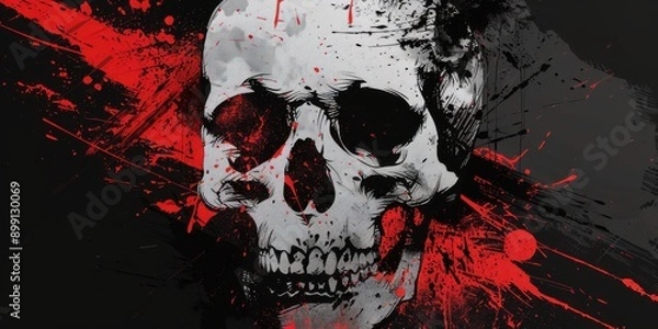 Obraz a skull covered in red paint splatters surrounded by more red paint creating a dark effect