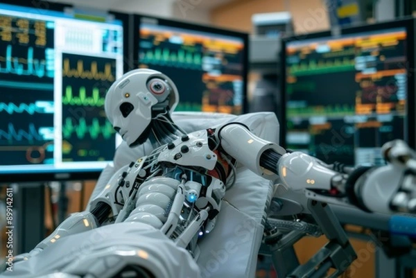Fototapeta Robotic figure in a high tech lab representing AI technology and futuristic innovation