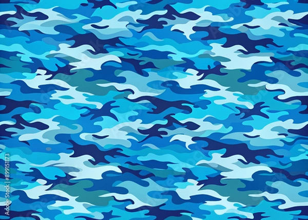 Fototapeta Seamless vector illustration of classic camouflage sport pattern in blue sea texture, ideal for kids' clothing, featuring a repeat print design for boys and girls.