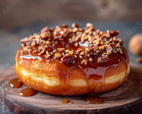 Fototapeta Gourmet Caramel Glazed Doughnut with Toppings on a Dark Surface