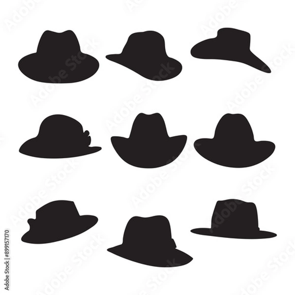 Fototapeta Hats black silhouette, Different types of cap vector illustration on a white background
