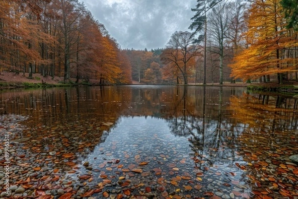 Fototapeta A stunning autumn scene featuring a forest and river with leaves scattered
