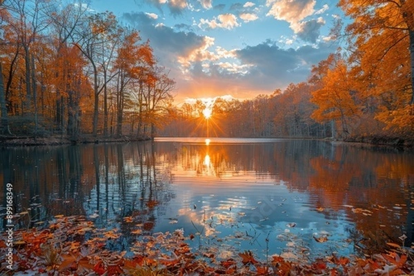 Fototapeta A stunning autumn scene featuring a forest and river with leaves scattered