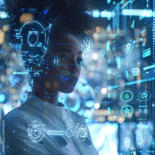 Fototapeta Holographic cyber security data, African American female specialist, advanced analysis, futuristic environment