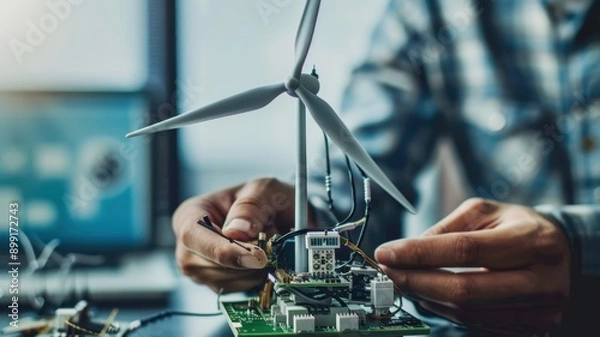 Fototapeta A man is working on a wind turbine