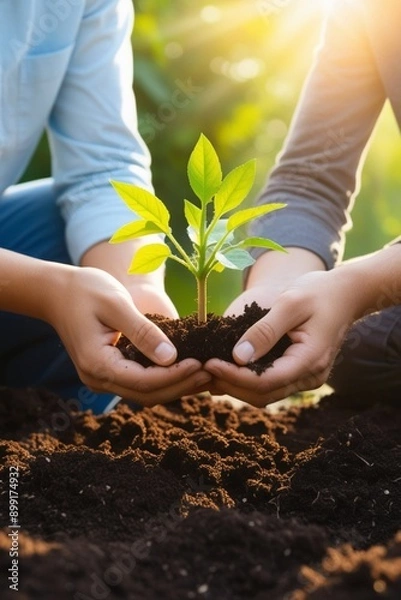 Fototapeta Environment cooperation.unity of business people and community together protecting small sprout with hand.future environmental coservation and sustainable esg modernization development