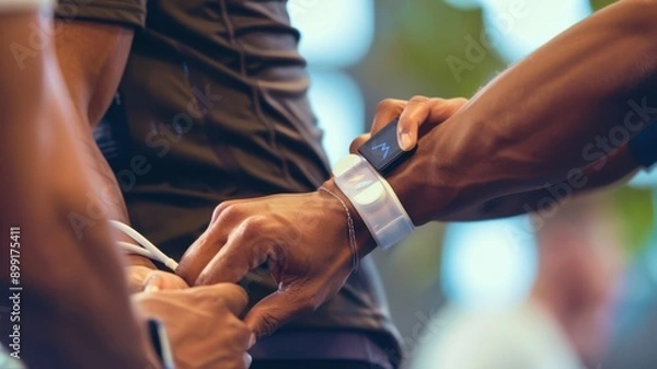 Obraz A man is wearing a wristwatch and adjusting it