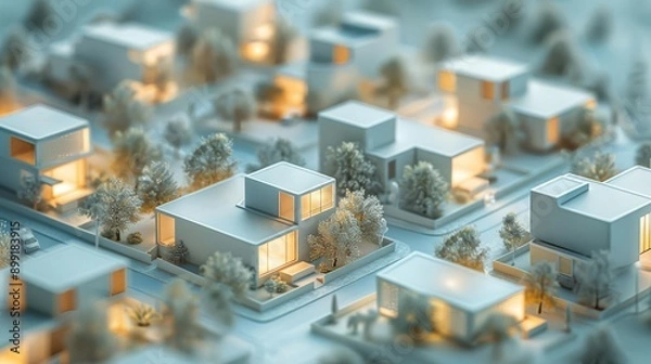 Fototapeta 3D minimalist housing blocks connected by walkways, representing community living, housing demand