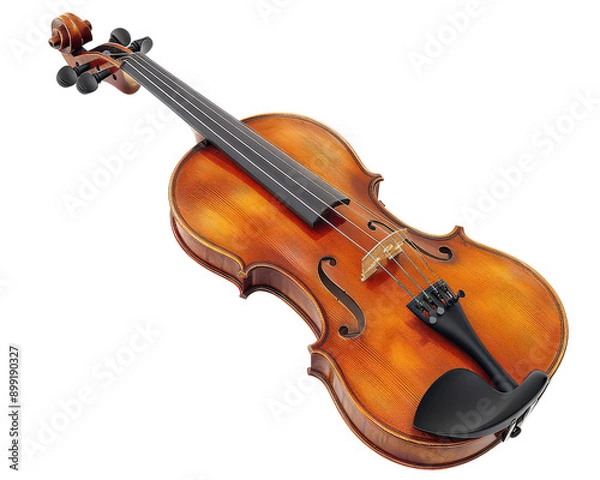 Fototapeta A beautiful, old fashioned violin is shown in a white background. The instrument is made of wood and has a black string. Concept of elegance and timelessness, as the violin is a classic