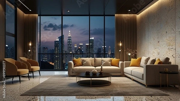 Obraz Modern style luxury interior with city view 3d render, There are terrazzo floor decorated wall with hidden light