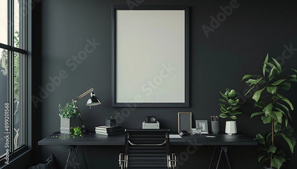 Fototapeta floating shelf in clean black wall with empty frame