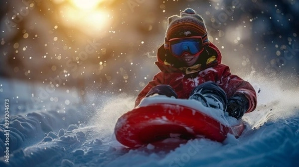 Fototapeta Action in sledging in winter