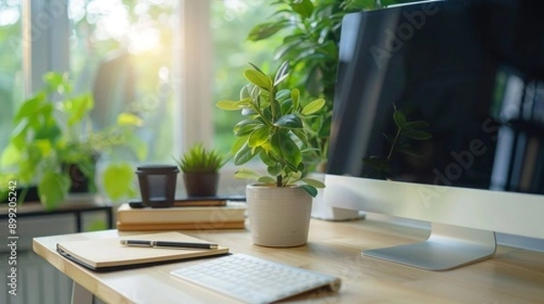 Obraz Clean office table with small plant near