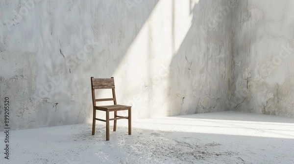 Obraz A wooden chair lies clumsily in the corner of a room with an abstract white background, adding to the sense of absurdity.