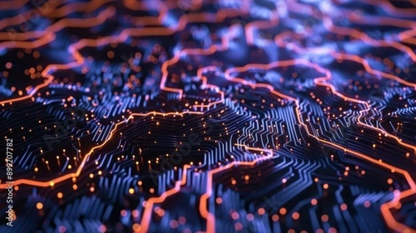 Fototapeta A computer chip with orange and blue lines
