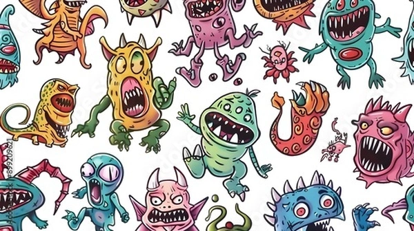Fototapeta Whimsical Colorful Cartoon Monsters Characters Pattern Background