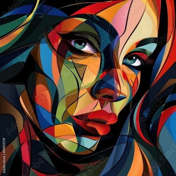 Fototapeta A distorted human face made of geometric shapes and lines, cubism By Generated AI