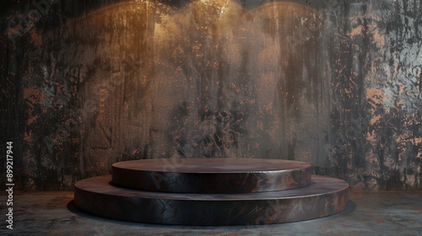 Obraz Quiet Luxury: Elegant Empty Round Podium in Dark Brown Old Wood - Sophisticated Minimalist Design with Symmetry Composition and Artistic Lighting