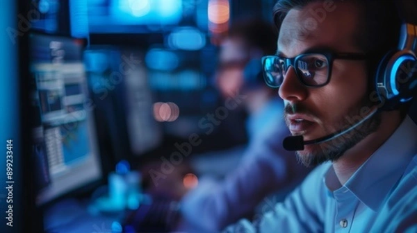 Fototapeta Man wearing headset working in darkened office with multiple screens