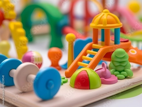 Fototapeta Close up of a variety of colorful motor skill development toys for young children including shapes blocks balls and other objects 