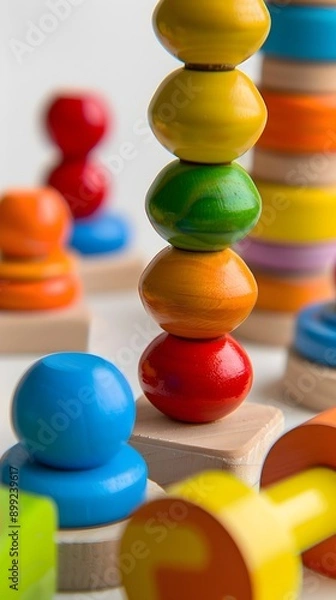 Fototapeta Close up of a variety of colorful wooden educational stacking and balancing toys arranged in a peaceful tranquil garden setting with a pure white background and studio lighting for a crisp 