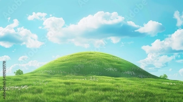 Fototapeta Rounded hill with barely visible grass, light blue sky with white clouds, in a cute, anime-style, 3D matte texture, bright and colorful cartoon clay style